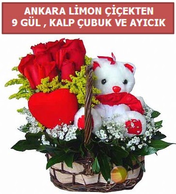 Kalp çubuk sepette 9 gül ve ayıcık  Balgat Ankara çiçek gönderme 