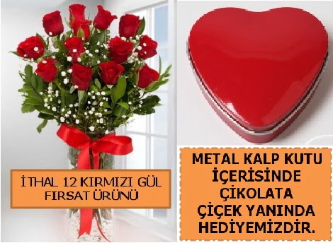 12 adet kırmızı gül ve kalp kutuda çikolata  Balgat Ankara çiçek gönderme 