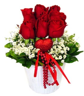 9 kırmızı gül seramik ve kalp çubuk  Balgat çiçek gönderme sitemiz güvenlidir 