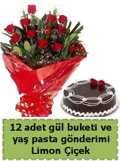 12 adet kırmızı gül buketi ve yaş pasta  Ankara İnternetten çiçek siparişi 