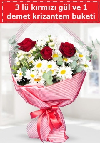 3 adet kırmızı gül ve krizantem buketi  Ankara İnternetten çiçek siparişi 
